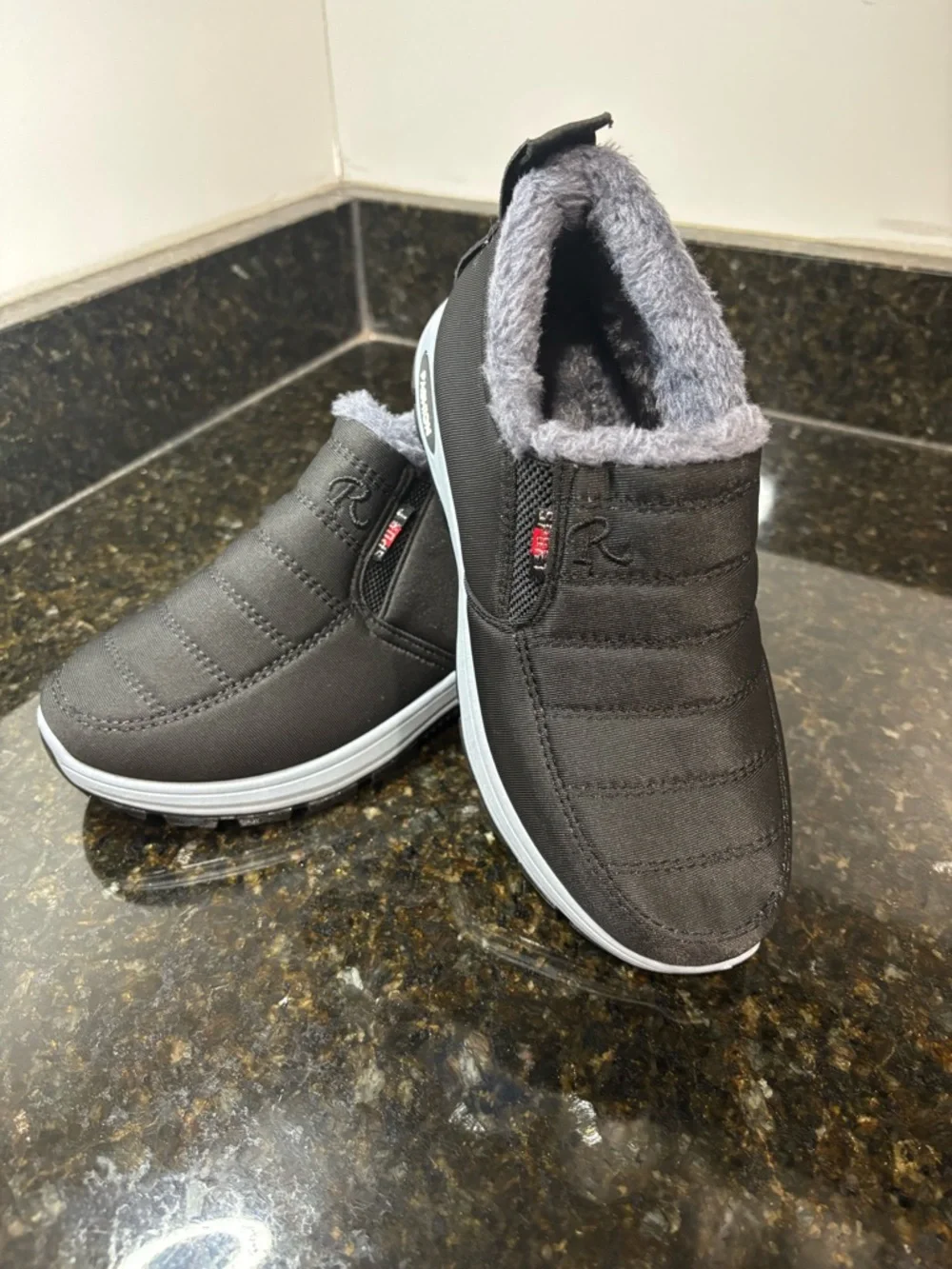 New Black Slip-On Waterproof Winter Sneakers with Gray Faux Fur Lining Size 37